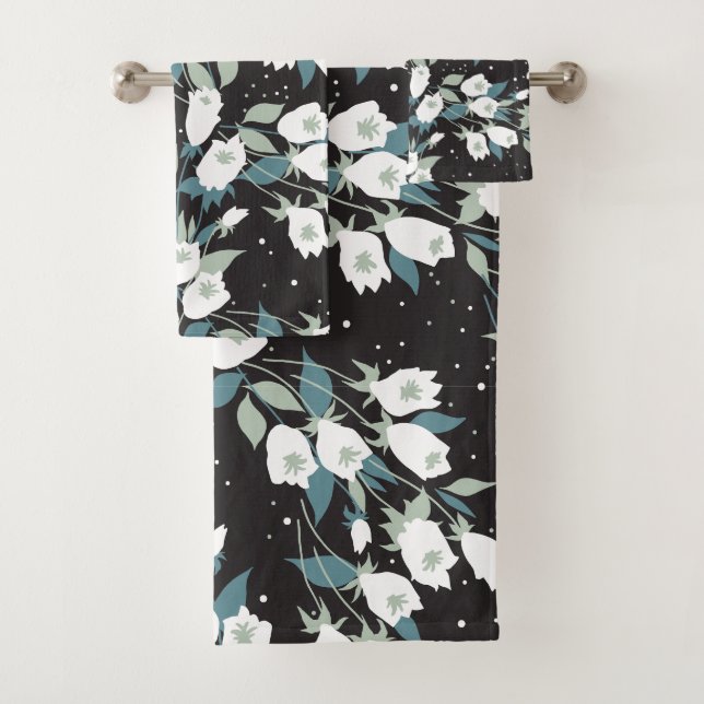 Eleganter schwarzer Hintergrund der Tulip-Blume Badhandtuch Set (Insitu)