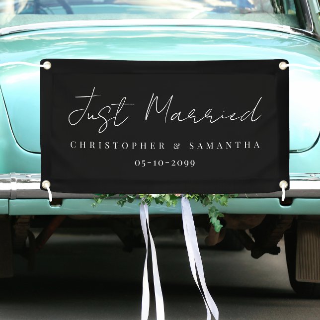 Eleganter schwarzer Hintergrund Just Married Hochz Banner (Elegant Black Background Just Married Wedding Car Banner
)