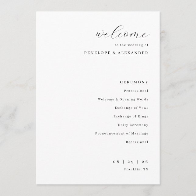 Eleganter schwarzer Hochzeitszeremonie-Zeitplan Programm (Vorderseite)