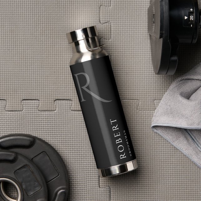 Eleganter Schwarzer Individuelle Name und Monogram Trinkflasche (Fitnessstudio)