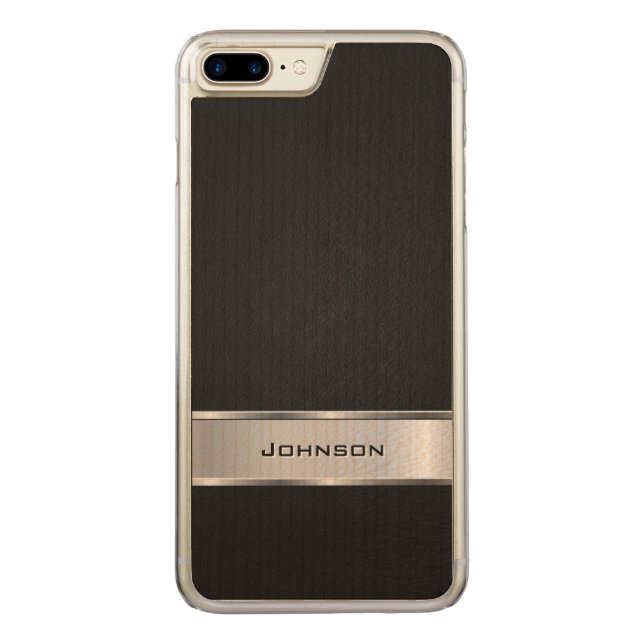 Eleganter schwarzer lederner Blick mit silbernem Carved Wood iPhone Hülle (Rückseite)