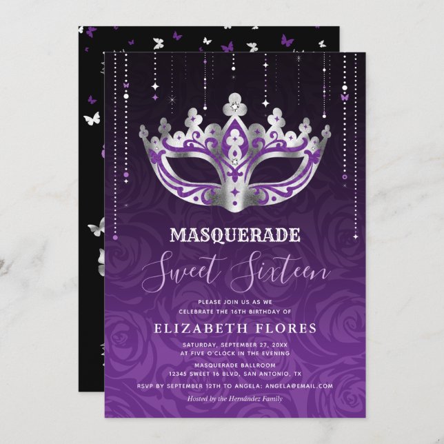 Eleganter Schwarzer Lila Silbermasquerade Sweet 16 Einladung (Vorne/Hinten)