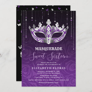 Eleganter Schwarzer Lila Silbermasquerade Sweet 16 Einladung