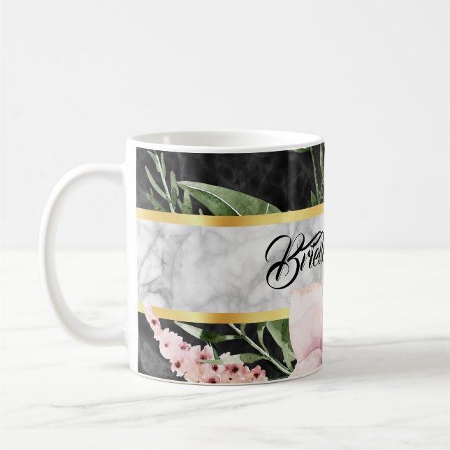 Eleganter schwarzer Marmor Rosa Blüte mit Namen Kaffeetasse (Links)