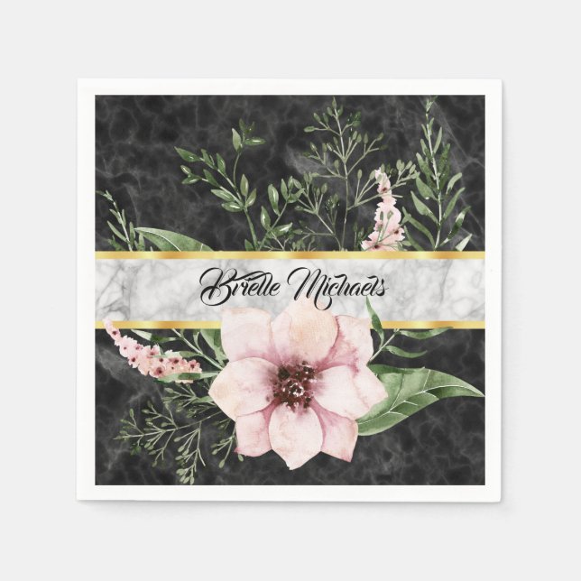 Eleganter schwarzer Marmor Rosa Blüte mit Namen Serviette (Vorderseite)