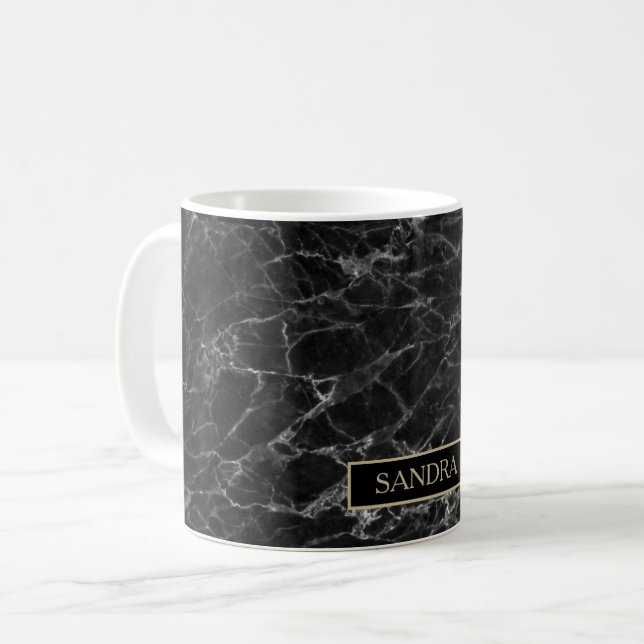 Eleganter schwarzer Marmordruck mit Namen Kaffeetasse (Vorderseite Links)