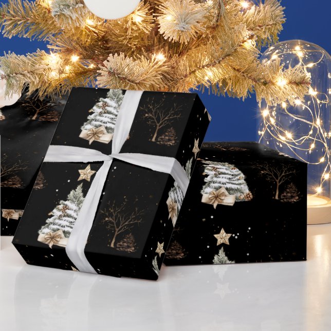 Eleganter schwarzer Neujahrsfrostbaum Kiefer Geschenkpapier (Feiertage)