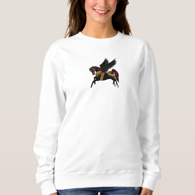 Eleganter schwarzer Pegasus-Vintage-Karussellpferd Sweatshirt (Vorderseite)