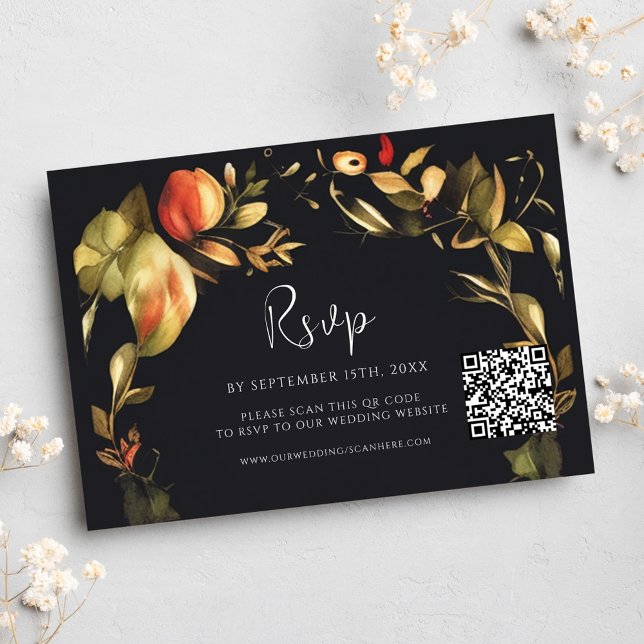 Eleganter schwarzer QR-Code Hochzeit RSVP Karte (Elegant Floral Black QR Code Wedding RSVP Card)