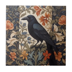 Eleganter schwarzer Rabe William Morris inspiriert Fliese