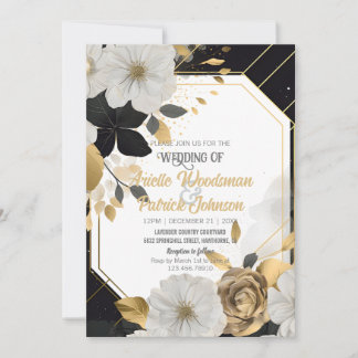 Eleganter Schwarzer Rahmen mit weißer Goldflora Einladung