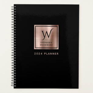 Eleganter schwarzer Rosen-Gold-Monogramm 2024 Planer