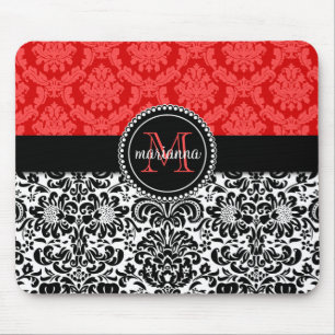 Eleganter schwarzer roter Damast personalisiert Mousepad