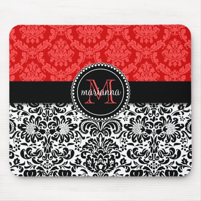 Eleganter schwarzer roter Damast personalisiert Mousepad (Vorne)