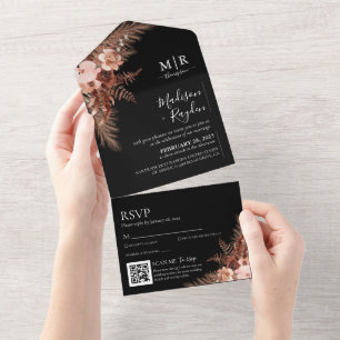 Eleganter schwarzer Rustikaler Pampas QR Code Hoch All In One Einladung