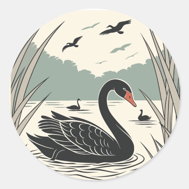 Eleganter Schwarzer Schwan Runder Aufkleber (Vorderseite)
