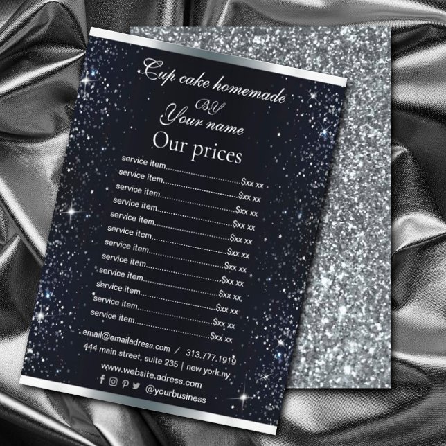 Eleganter schwarzer silberner Glitter-Liste Flyer (A chic black background, decorated with faux silver glitter, sparkles. #pricelist #glittersilver)