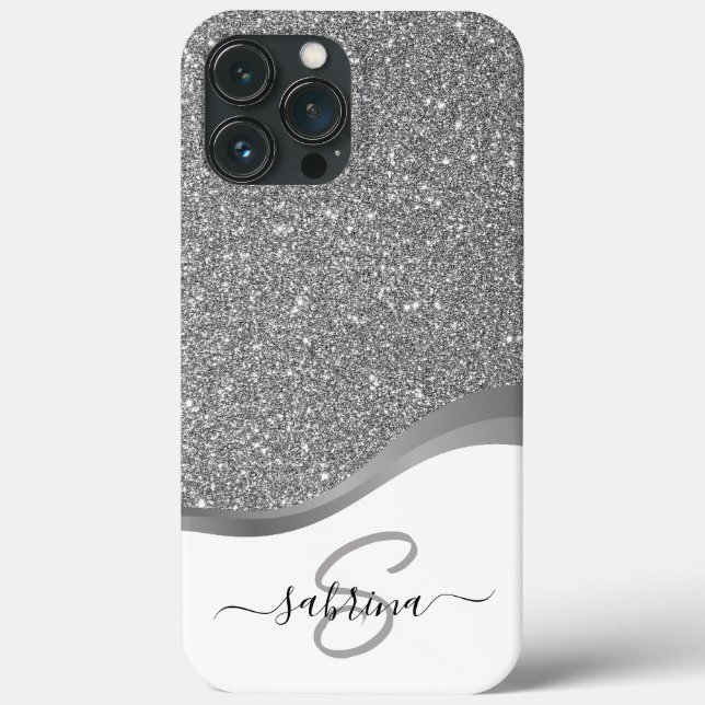 Eleganter schwarzer silberner Glitter-Monogramm-Na Case-Mate iPhone Hülle (Rückseite)