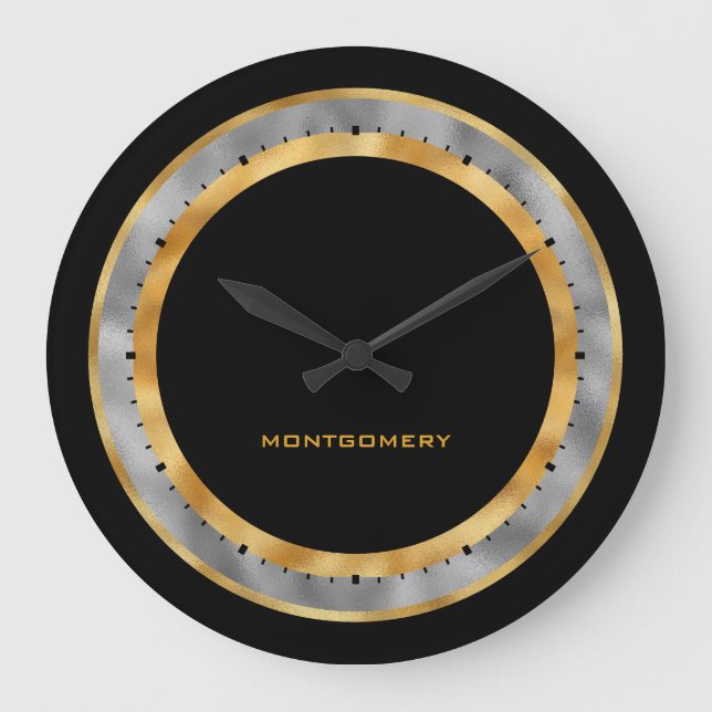 Eleganter Schwarzer Silberstreifen Personalisiert Große Wanduhr (Vorderseite)