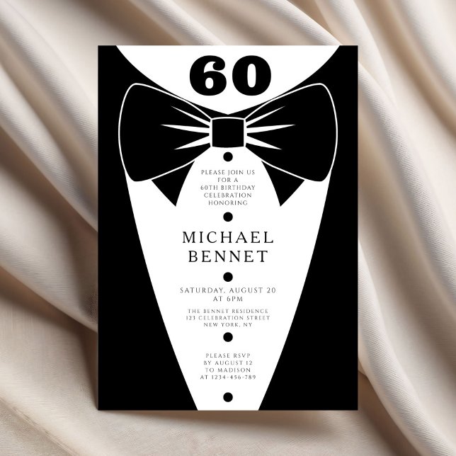 Eleganter schwarzer Smoking 60. Geburtstag Einladung (Elegant Black Tuxedo 60th Birthday Invitation)