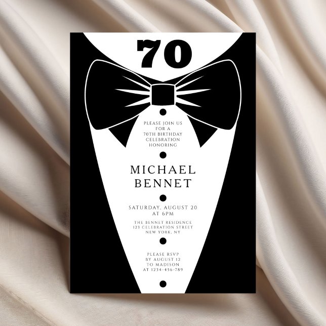 Eleganter schwarzer Smoking 70. Geburtstag Einladung (Elegant Black Tuxedo 70th Birthday Invitation
)