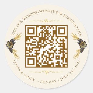 Eleganter schwarzer und goldener Hochzeits-QR-Code Runder Aufkleber