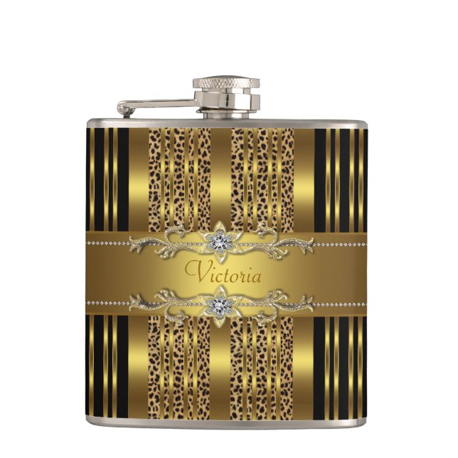 Eleganter schwarzer und goldener Leopard Flachmann (Vorderseite)