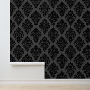 Eleganter schwarzer und grauer Samt-Damask Tapete