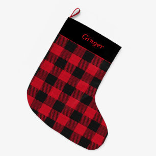 Eleganter schwarzer und roter Karo personalisiert Großer Weihnachtsstrumpf