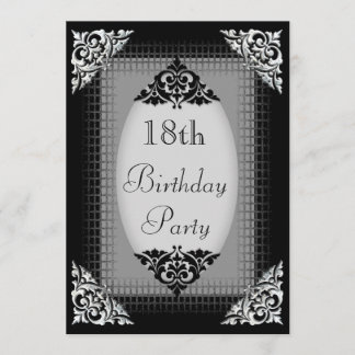 Eleganter schwarzer und silberner 18. Geburtstag Einladung