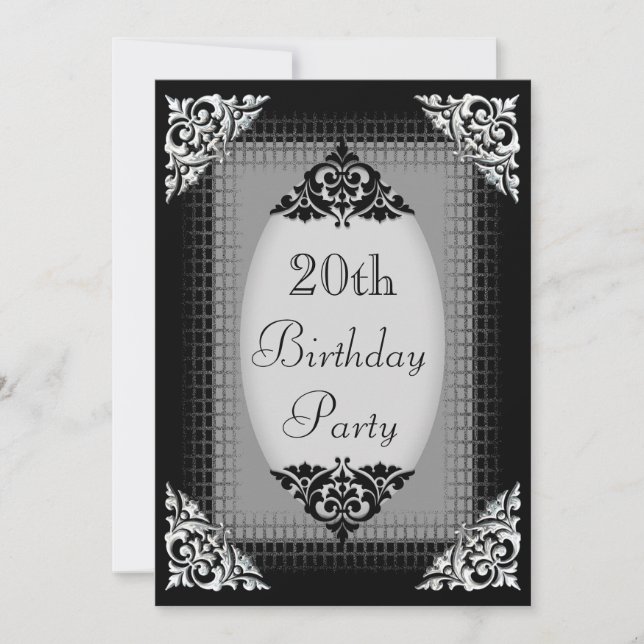 Eleganter schwarzer und silberner 20. Geburtstag Einladung (Vorderseite)