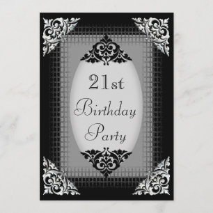 Eleganter schwarzer und silberner 21. Geburtstag Einladung