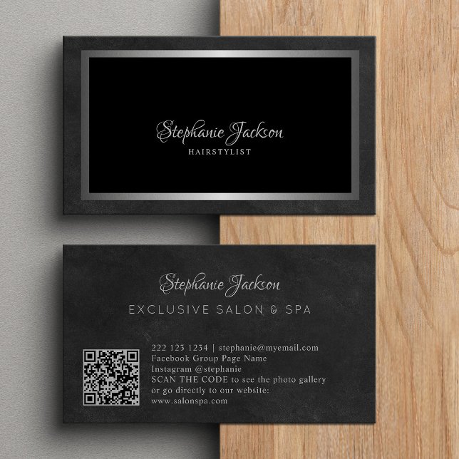 Eleganter schwarzer und silberner QR-Code Luxus Visitenkarte (Von Creator hochgeladen)