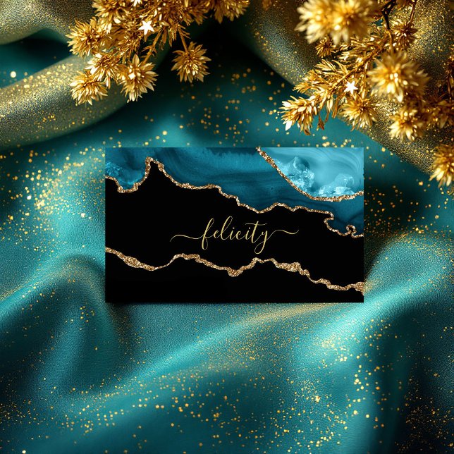 Eleganter schwarzer und türkisfarbener Gold Agate  Visitenkarte (Elegant Black and Turquoise Gold Agate QR Code Business Card)