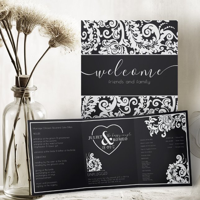 Eleganter schwarzer und weißer Damast ohne Steckve Dreifach-gefaltete Programmkarte (elegant black and white classic  floral damask unplugged trifold wedding program)