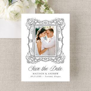 Eleganter schwarzer verzierter Bilderrahmen Hochze Save The Date