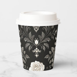 Eleganter schwarzer weißer floraler Damast-Papierb Pappbecher
