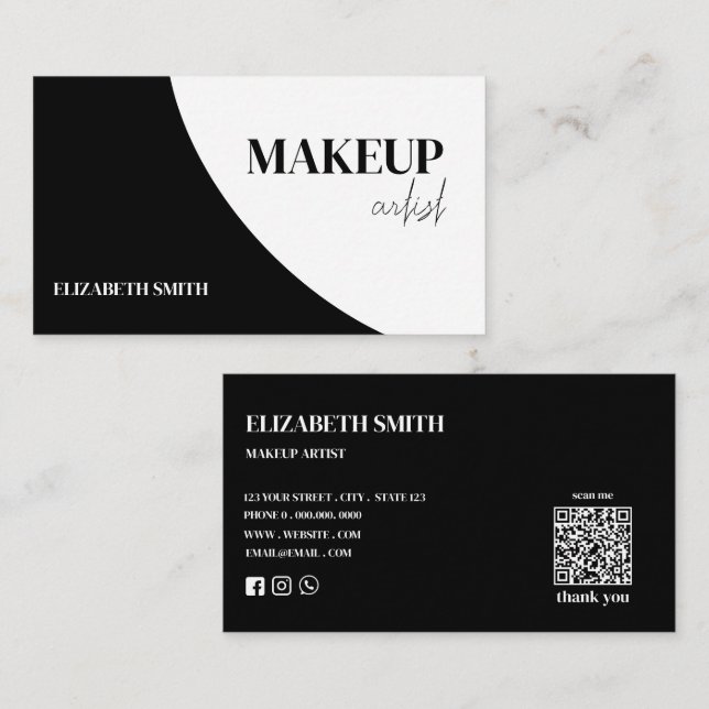 Eleganter schwarzer & weißer QR-Code-Make-up-Artis Visitenkarte (Vorne/Hinten)