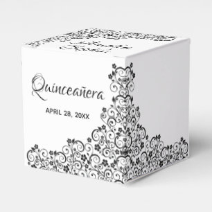 Eleganter schwarzer Wirbel u. Blumen Quinceañera Geschenkschachtel