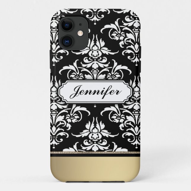 Eleganter Schwarzweiss-Damast mit goldener Case-Mate iPhone Hülle (Rückseite)