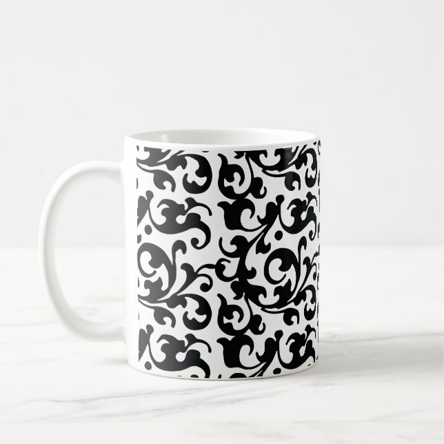 Eleganter Schwarzweiss-Damast-Wirbel Kaffeetasse (Links)