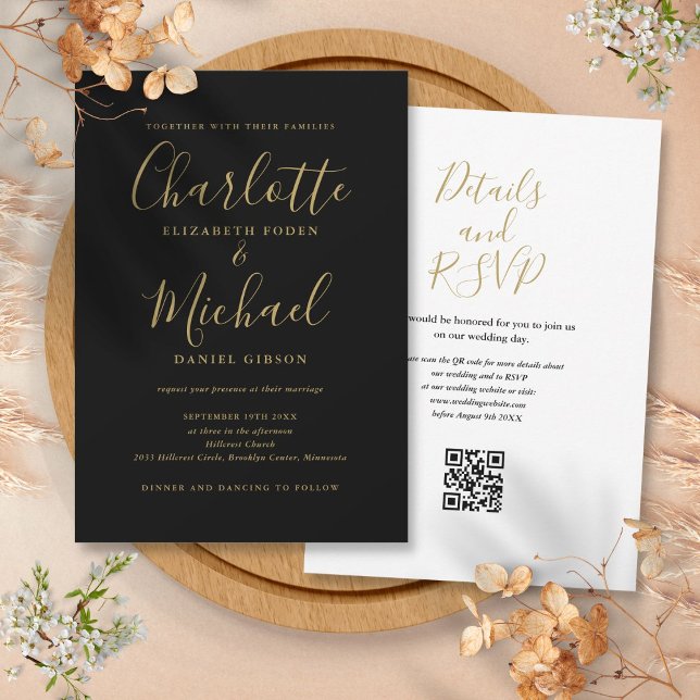 Eleganter Script Black and Gold QR Code Hochzeit Einladung (Elegant Script Black And Gold QR Code Wedding Invitation)