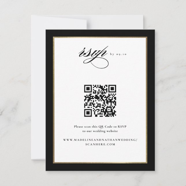 Eleganter Script Black and Gold Wedding QR Code RSVP Karte (Vorderseite)