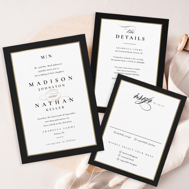 Eleganter Script Black and Gold Wedding QR Code RSVP Karte (Von Creator hochgeladen)