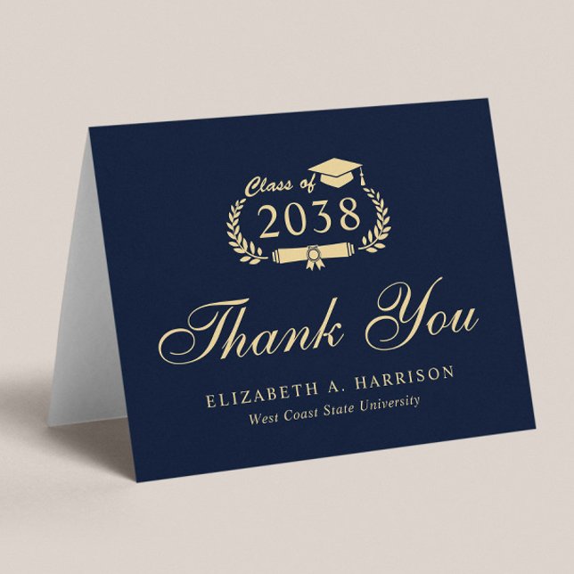 Eleganter Script Blue Gold Abschluss Dankeskarte (An elegant photo graduation thank you card to show gratitude to friends and family for their support)