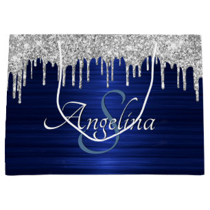 Eleganter Script Blue Metallic Silver Glitzer Große Geschenktüte