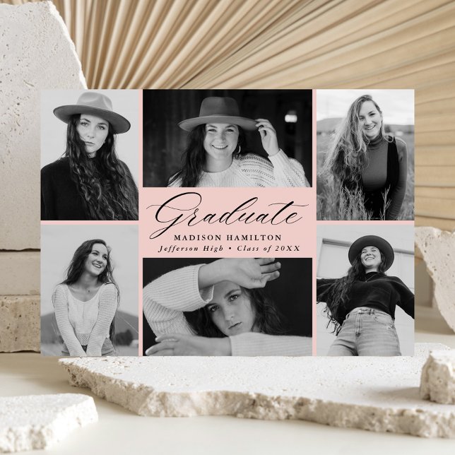 Eleganter Script Blush 6 Foto Collage Abschluss Ankündigung (Von Creator hochgeladen)