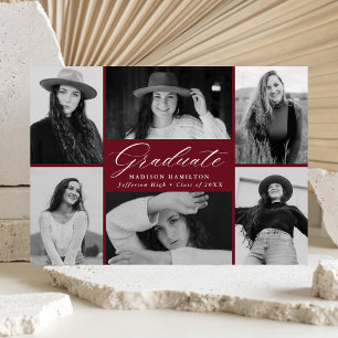 Eleganter Script Burgundy 6 Foto Collage Abschluss Ankündigung