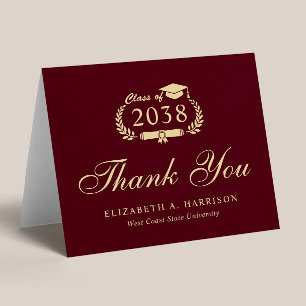 Eleganter Script Burgundy Gold Abschluss Dankeskarte