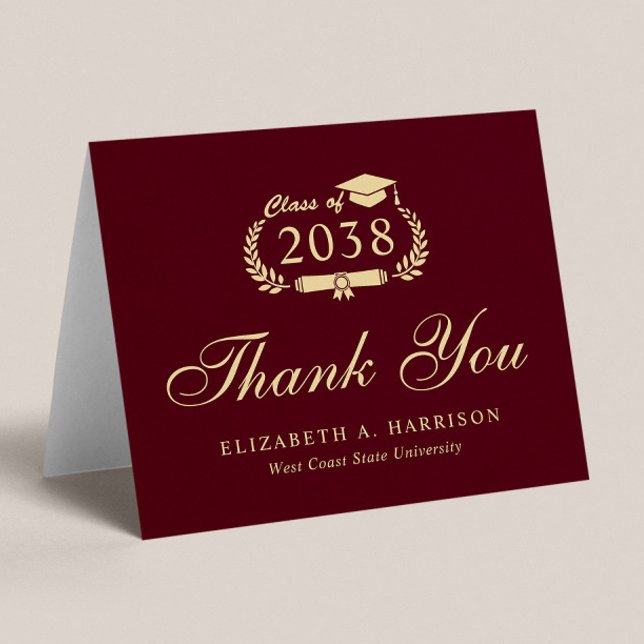 Eleganter Script Burgundy Gold Abschluss Dankeskarte (An elegant photo graduation thank you card to show gratitude to friends and family for their support)